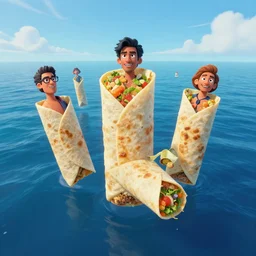 Floating burrito brothers over a blue ocean, Darek Zabrocki, Karlkka, Jayison Devadas, Phuoc Quan, trending on Artstation, 8K, ultra wide angle, pincushion lens effect.