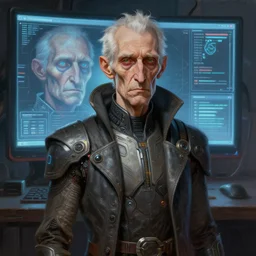 an epic fantasy comic book style portrait painting of an old thin man with a sad smart face, and futuristic clothing, standing in front of a computer simulation, intelligent face, sci - fi, intricate, elegant, highly detailed, digital painting, artstation, concept art, matte, sharp focus, illustration, art by artgerm and greg rutkowski and jim burns