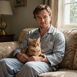 ewan mcgregor is dressed to a pajamas. he is sitting on a sofa. on his lap is a brown cat. elegant. nice. epic scene. charismatic. light from window