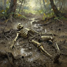 muddy jungle, field of mud, skeletor corpse in swamp mud, daytime, ground broken, noon, backlighting, oil painting landscape by frazetta