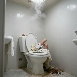 a steamy hot mess piling to the 8 foot ceiling in the bathroom from porcelain throne of degradation
