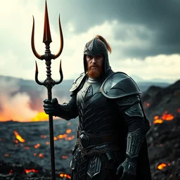 badass epic photograph of a man clad in black metallic medieval armor holding a glowing trident, background of a nuclear crater filled with lava, dramatic lighting, film still, stormy weather