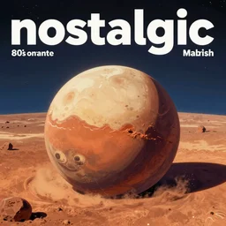 “nostalgic 80s airbrush magazine ad of the surface of mars with tons of colorful tacky billboards”