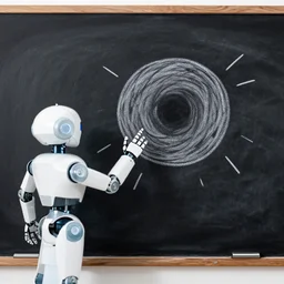 a robot explains a black hole using a chalkboard, photo