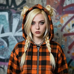 highly detailed portrait of a sewer punk lady, tartan hoody, blonde ringlet hair by atey ghailan, by greg rutkowski, by greg tocchini, by james gilleard, by joe fenton, by kaethe butcher, gradient orange, black, blonde cream and white color scheme, grunge aesthetic!!! ( ( graffiti tag wall background ) )