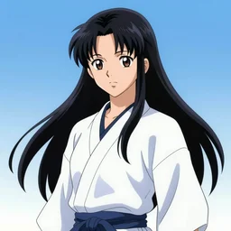 anime character portrait of a female martial artist!! long black hair! blue eyes! fighting stance!! elegant, intricate outfit gold and white outfit! fine details by stanley artgerm lau, wlop, rossdraws, james jean, andrei riabovitchev, marc simonetti, and sakimichan, trembling on artstation