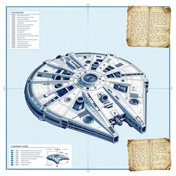 blueprint of the millennium falcon, detailed, infographic, structured writings, space grid, old manuscript, by of h. r. da vinci