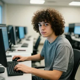curly - haired persian guy in a computer lab by lee jeffries