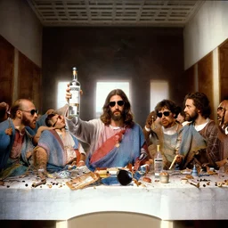 the last supper, jesus holding a bottle of vodka, juda wearing sunglases