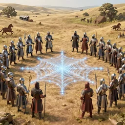 two medieval armies facing eachother with a web made of energy standing in the middle of the open battlefield, trending on artstation, cgsociety, 8 k, cinematic, unreal engine, octane render, illustration digital painting, sharp focus, art by wlop and greg rutkowski, rule of thirds, golden ratio, ambient lighting