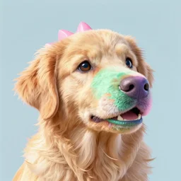 pastel colored dinosaur face looks like hairy golden retriever. render vray redshift octane. 4 k cgsociety volumetric lighting