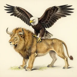 a creature with the body of a man, beak of an eagle, the mane of a lion, and the horns of an ox. drawn by francis bacon