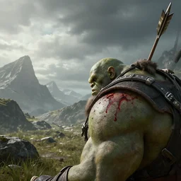 a close up of an ork warrior struck with an arrow in the shoulder, bleeding, desolated mountains in the distance, cloudy and atmospheric, octane render, unreal engine, vray, style of andrew baker, wide angle