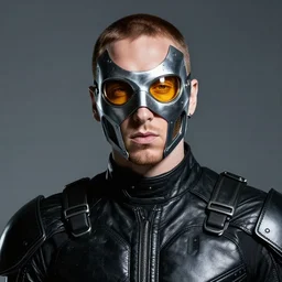 eminem wearing a futuristic armored mask with amber eye reflective lenses, and black leather body armor.