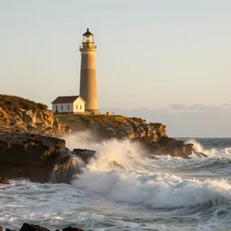 lighthouse on a cliff with crashing waves, classic realism, golden hour