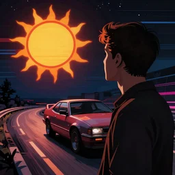 man looking at the sun, synthwave, outrun, 8 0 s, high details, dark, by wlop
