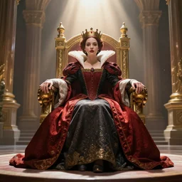 A beautiful Queen sitting in a throne, concept art, wide shot, godrays, grand