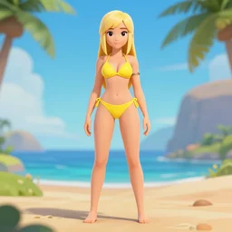 tracer game character, in yellow bikini, blonde hair, black eyes, full height
