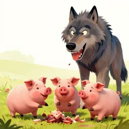 photo of 3 little pigs being eaten by the big bad wolf