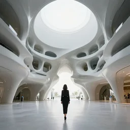 fluid generative pavillion, woman standing, supwr architecture by zaha hadid, symmetry