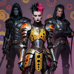portrait of a skinny punk goth yayoi kusama wearing armor by simon bisley, john blance, frank frazetta, fantasy, thief warrior, floral flowers colorful