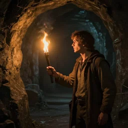 a man with holds a torch and explores a Dungeon, luminous, artstation