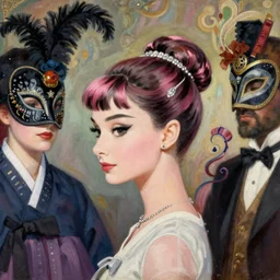 anime, masquerade, vogue, korean, audrey hepburn, intricate oil painting, trending on artstation, john singer sargent, greg rutkowski, side profile, pink hair