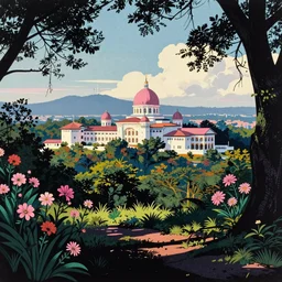 ( ( ( gediminas pranckevicius ) ) ), wat bukit perak, summer morning, very coherent and colorful high contrast art by james gilleard floralpunk screen printing woodblock, dark shadows, pastel color, hard lighting