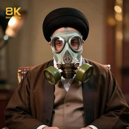 detailed 6 0 0 mm realistic photography from sitting ali khamenei wear gas mask, bokeh, dynamic lighting, cinematic lighting, studio photos 8 k