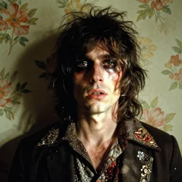 a beautiful but sinister man in layers of fear, with haunted eyes and wild hair, 1 9 7 0 s, seventies, floral wallpaper, wilted flowers, a little blood, morning light showing injuries, delicate embellishments, painterly, offset printing technique, by brom, robert henri, walter popp
