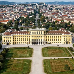 the palace of schoenbrunn in vienna, realistic photography, drone shot