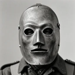 person wearing executioner mask, ww1 photo, grainy, high detail, high resolution