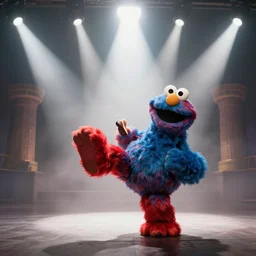a cinematic wideangle portrait of elmo kicking cookie monster, fog filled, spotlights shine down from the watchtowers, perfectly lit face, ultra realistic, depth, beautiful lighting