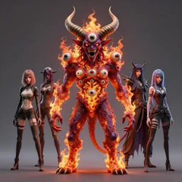 a colorful, scary, full body demon with big horns, multiple eyes, body on fire, by alex gray, android jones, karol bak, ayami kojima, artgerm, dragon skin, concept art, 3 d, octane render, 8 k, unreal engine