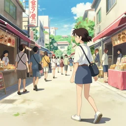 girl in streetwear walking in a japanese summer festiva, view from right sidel, epic perspective, illustration concept art anime key visual trending pixiv fanbox by wlop and greg rutkowski and makoto shinkai and studio ghibli