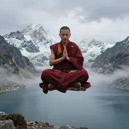 buddhist monk in dark red cloth in lotus position and hands in namaste, fly over himalaya mountains gokyo lake in weightlessness, small fog and gloomy, highly detailed science fiction illustration by jeremy geddes. photorealistic, hyper detailed illustration, 8 k, movie still