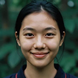 an ultra - high - resolution close - up of an asian woman from the tai tribe in a lush green forest. 1 8 years old. the face looks like the korean idols. photo from the front. a cute and beautiful woman is smiling and has eye contact with the camera. the face is clear and symmetrical. the light is dim, and the colors are muted. kodak etkar 1