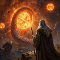 a beautiful painting of gandalf watching a huge wormhole destroy an alien world with multiple suns, ray traced lighting by jean kalin popov and greg rutkowski