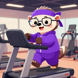 epic professional digital cartoon vector art of a smiling cartoon anteater with glasses and a purple sweatband, wearing a purple sweatsuit, exercising on a treadmill in a gym, best on artstation, cgsociety, wlop, Behance, pixiv, cosmic, epic, stunning, gorgeous, much detail, much wow, masterpiece