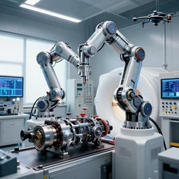 diesel punk, motors, a complex thick bifurcated robotic cnc surgical arm cybernetic symbiosis hybrid mri 3 d printer machine making in a biochem lab control panels, 4 k, large monitor screens, knobs, natural light in room, drone camera lens orbs, octane render, architectural, f 1 8,,
