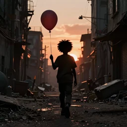 a dynamic long shot portrait of the silhouette of a black boy with an afro holding a ballon and walking through a post apocalyptic alley at sunset, by simon stalenhag and dan mumford, dark and ominous, digital illustration, behance, rendered in unreal engine 5, rim lighting, volumetrics, ray tracing, 8 k, hd