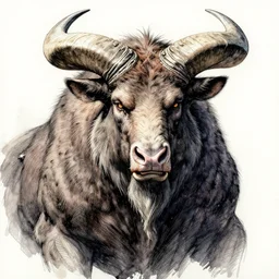 portrait, mutant minotaur, watercolor, dramatic lighting, extremely high detail, pen and ink, intimidating, intricate line drawings, artstation, deviantart, WLOP, Pixiv