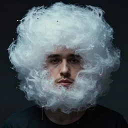 a dramatic photo of a man with cotton candy head. paint splashes. moody and melancholy.