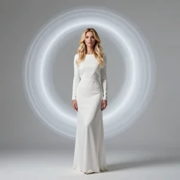 portrait of a single woman with long blond hair dressed in long white, fine art photography light painting in style of Paolo Roversi, professional studio lighting, dark background, hyper realistic photography, fashion magazine style