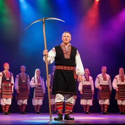 etno festival on a stage, man with scythe, traditional romanian clothing, dramatic lighting, beautiful, volumetric lighting, colorful