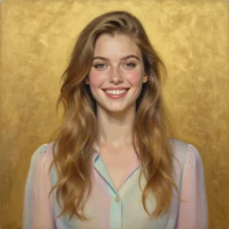 epic painting drawing, full figure portrait of beautiful shy happy supermodel wearing pastel blouse, long wavy hair, studio background, photography by amy leibowitz, wlop, jeremy lipkin, beeple, intricate, symmetrical front portrait, artgerm, golden glowing background