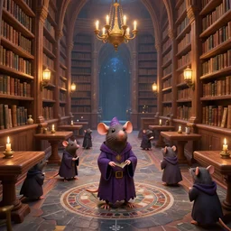 humanoid wizard rats in wizard clothing, vast library, bookshelves, wooden banks, wooden tables, mosaic stone floor, passages, cel shading, 3 d art, 3 d cg, digital art, mixed art, celestial, majestic, mystical, cinematic light, candles, chandelier, lanterns, soft light