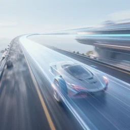 motionblur. zoom lines. transparent holographic skyways. octane render of a screenshot from a futuristic sci - fi hovercar racing ps 4 videogame featuring floating roads. f - zero gx. san francisco rush 2 0 4 9. award winning. energetic, lively electrifying, dramatic, expressive, lucid, striking, graphic, resplendent, potent. cyberpunk. high - contrast. vivid.