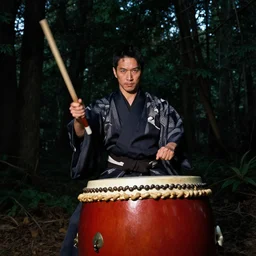 magnificent taiko drummer in the dark woods