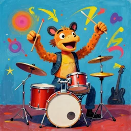 chaotic painting animal puppet show head banging drummer 9 0 s music song groove is in the heart, we're going to dance and have some fun